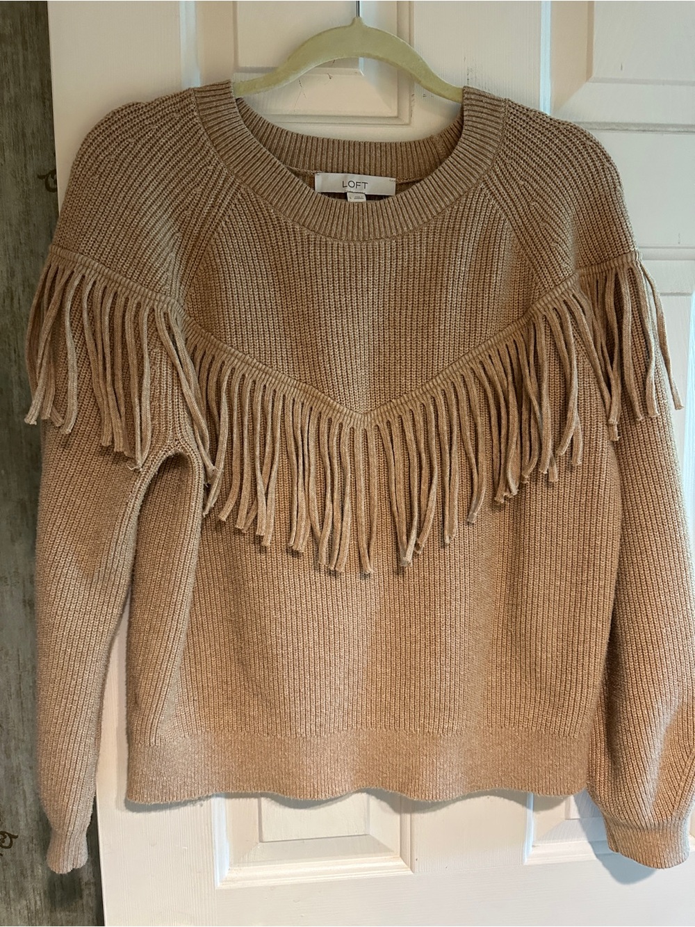 LOFT fringed camel sweater